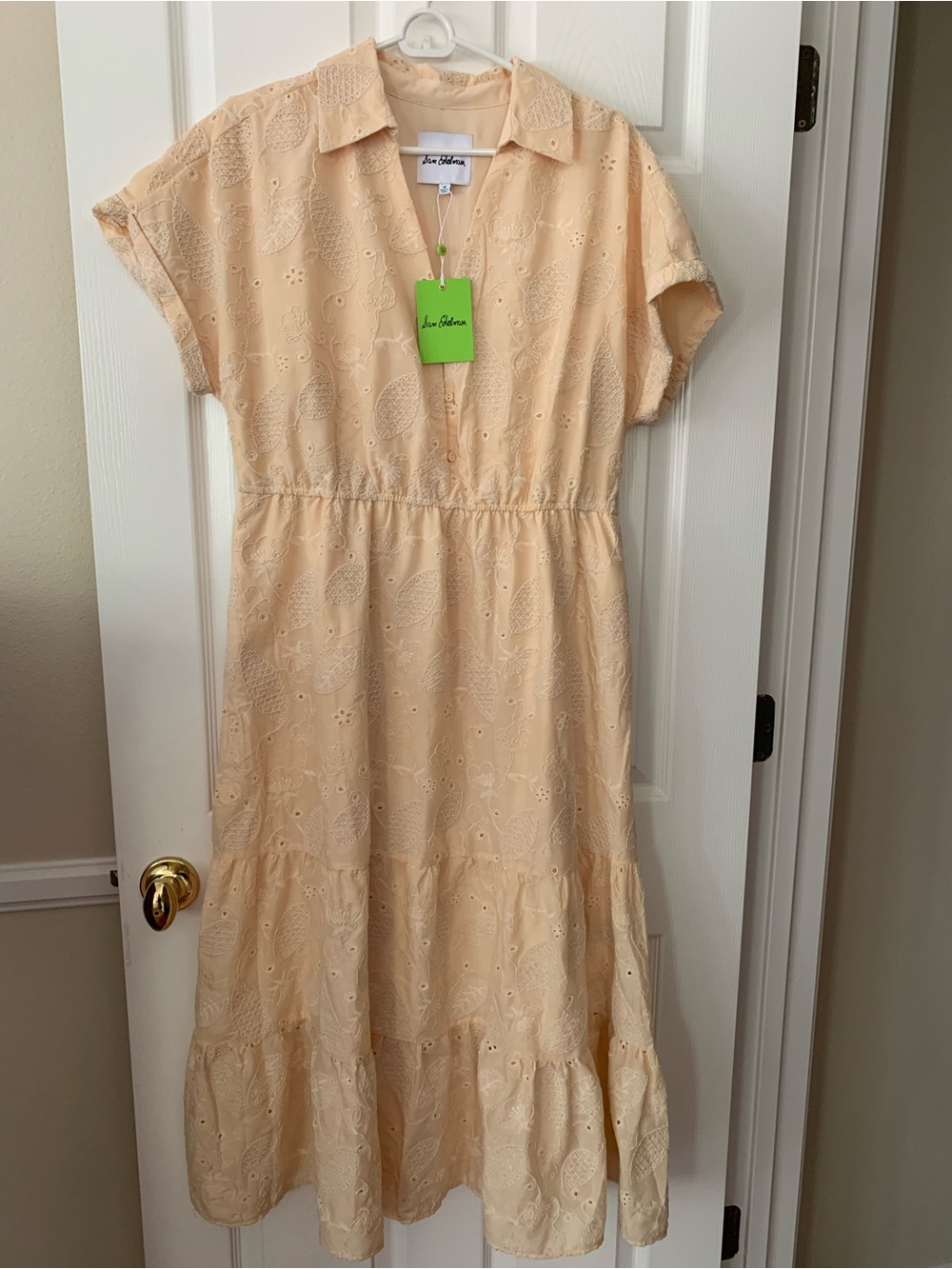 NWT Sam Edelman Dress: Butter Cream Yellow Eyelet V-Neck Midi, Lined, Collar 14